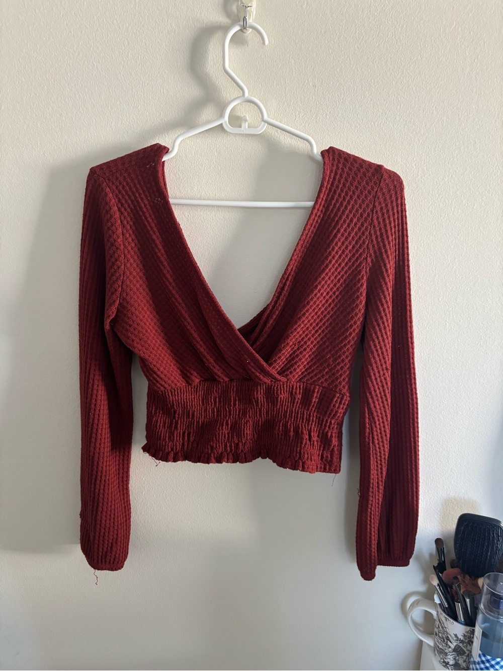Altar'd State Burgundy Waffle-Knit Wrap Crop Top
